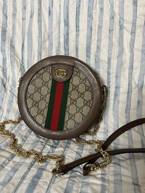 Gucci Brown GG Supreme Round Crossbody with Green-Red Web Stripe